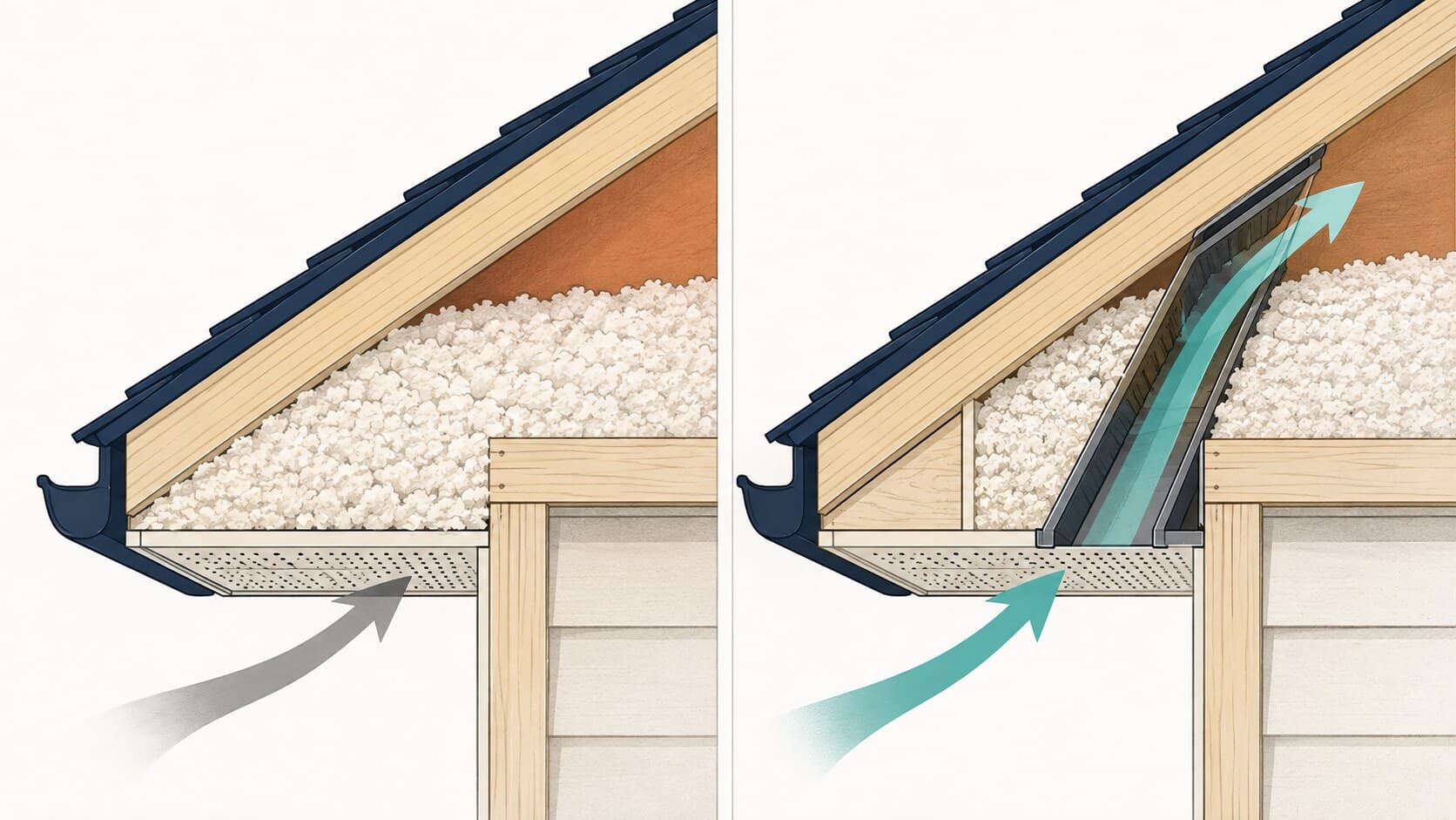 Two eave cross-sections side by side: insulation packed over the soffit vent blocking the air path, and a baffle holding an open channel from the soffit into the attic
