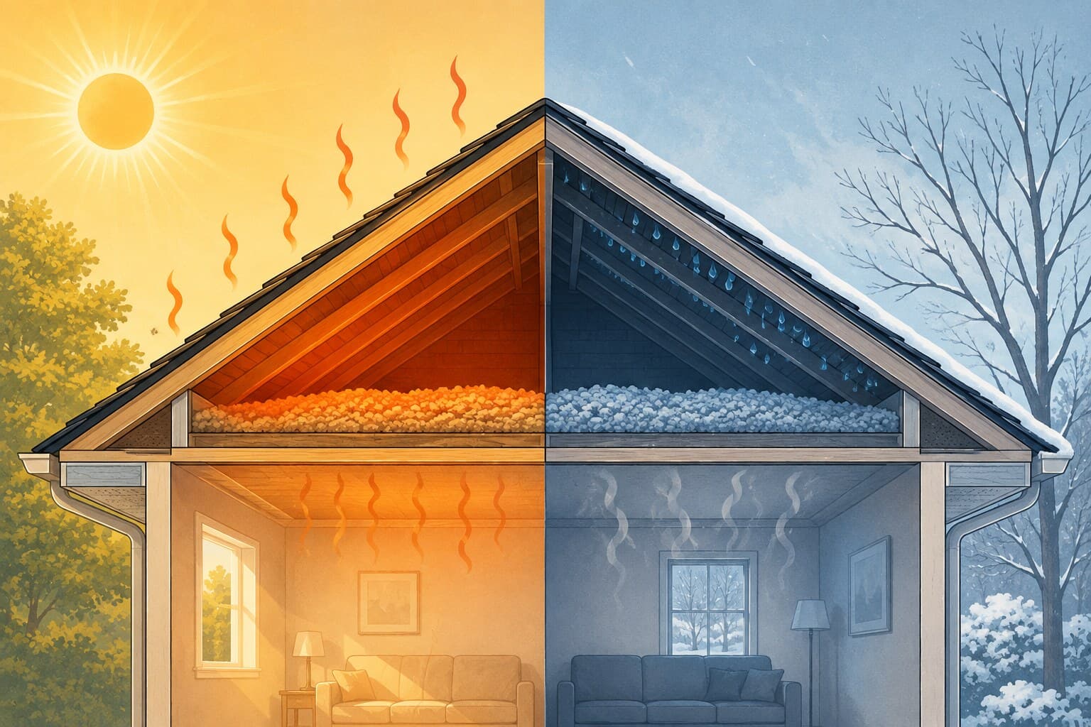 Split illustration of the same attic: heat building up under the roof in summer, condensation forming on the sheathing in winter