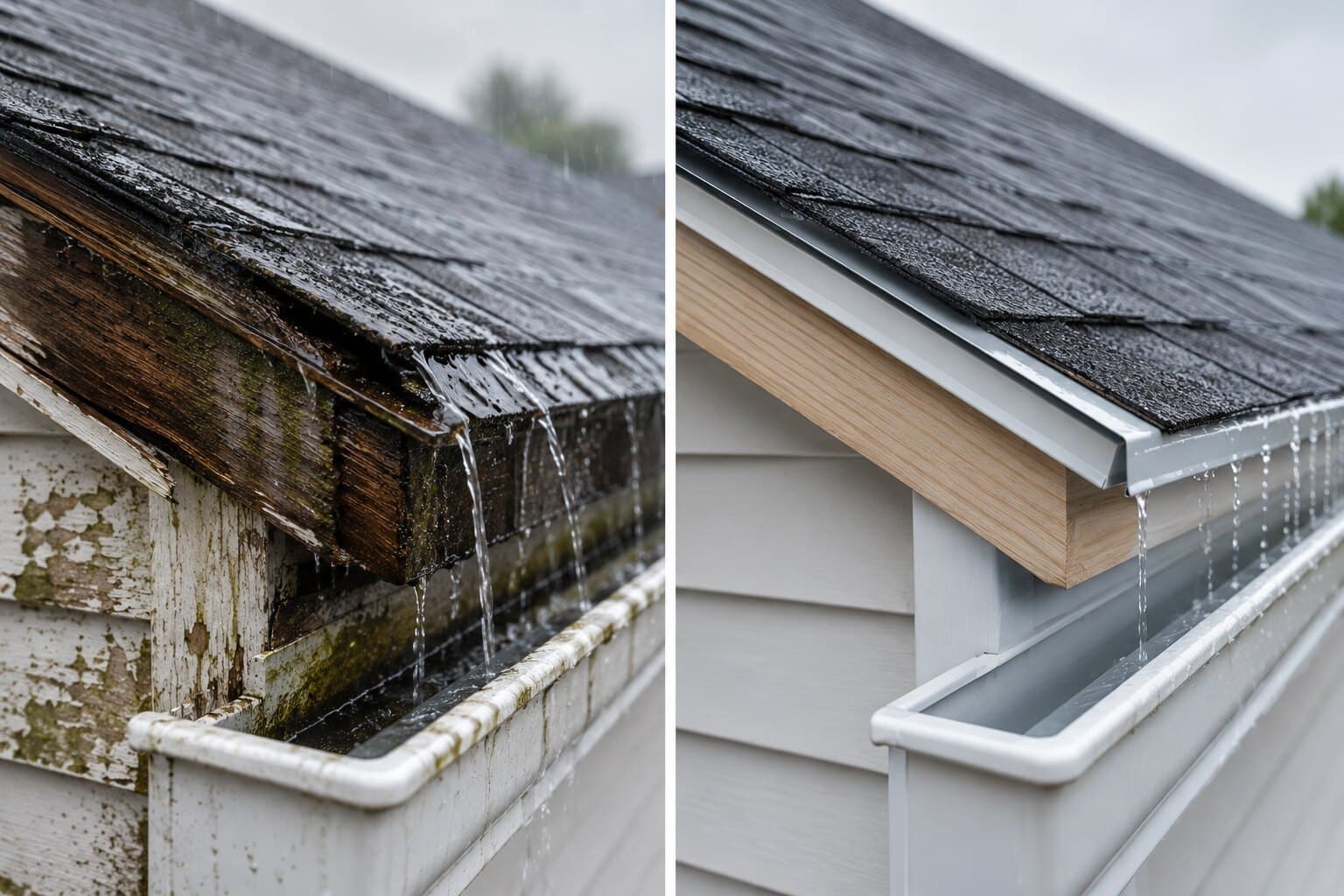 Roof edge in the rain — on the left, water running behind a rotted fascia board; on the right, a new drip edge sending the same water into the gutter