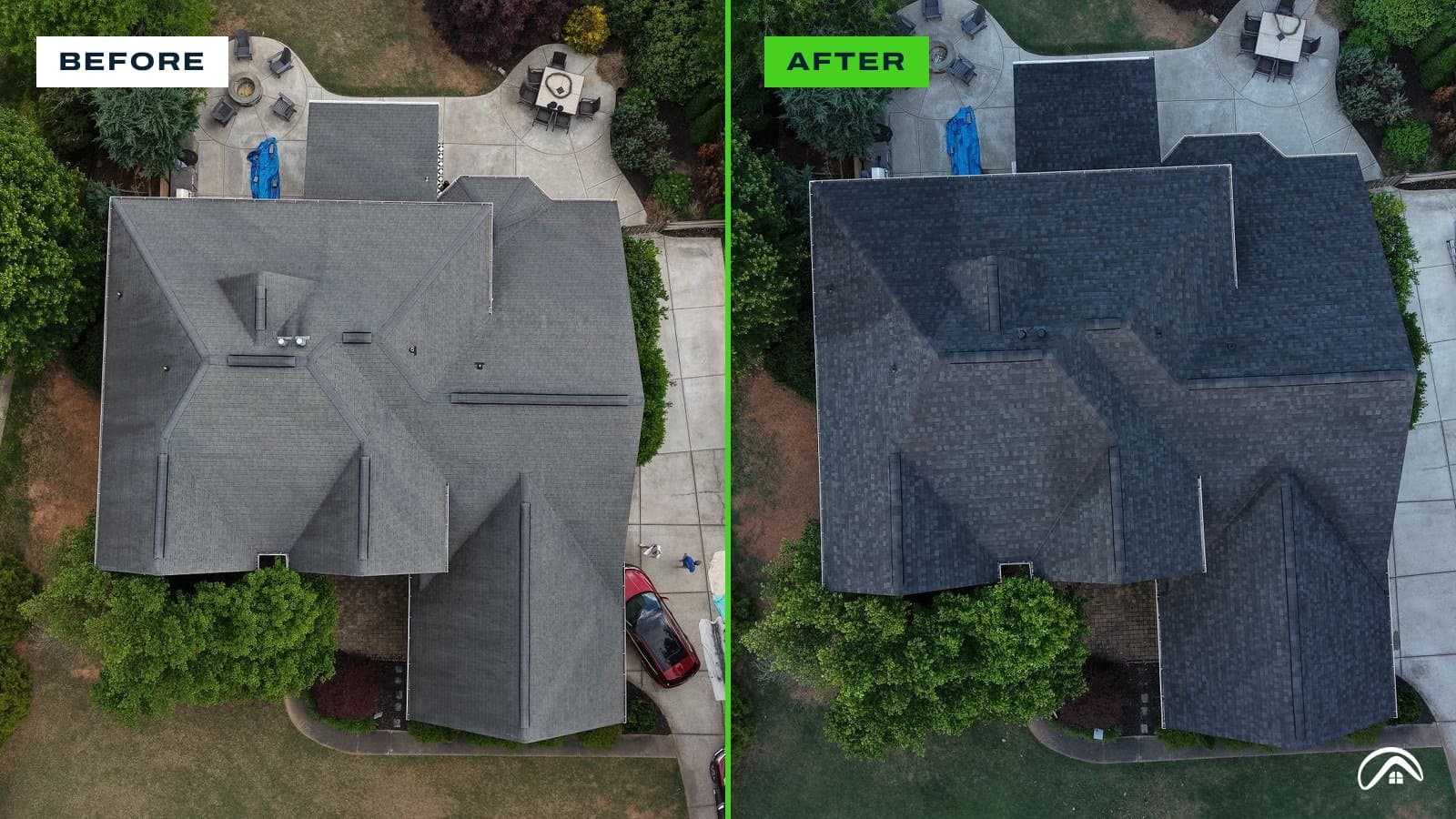 Drone view of a Charlotte home before and after roof replacement: worn gray shingles on the left, new dark architectural shingles on the right