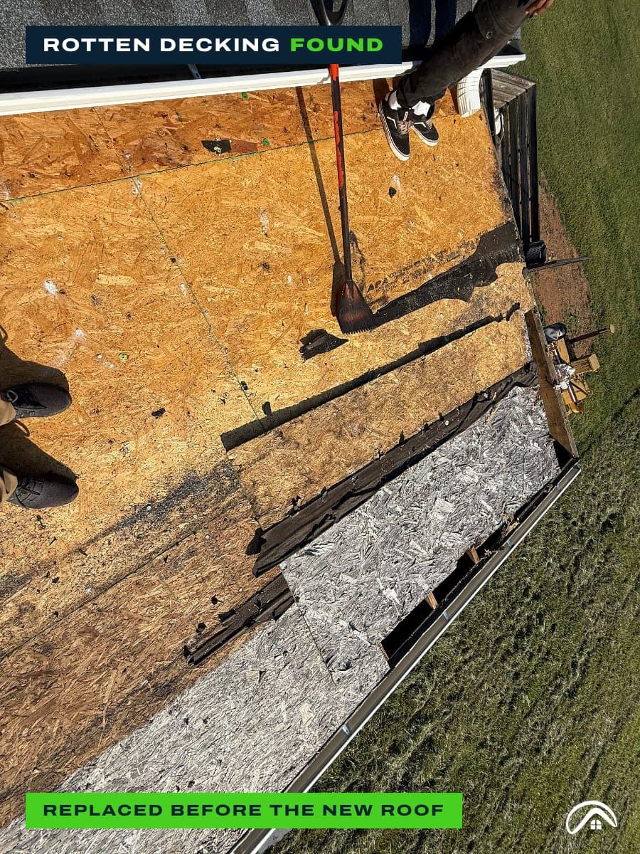 Roof torn off to the deck: dark rotten boards along the eave next to fresh replacement sheathing installed before the new roof
