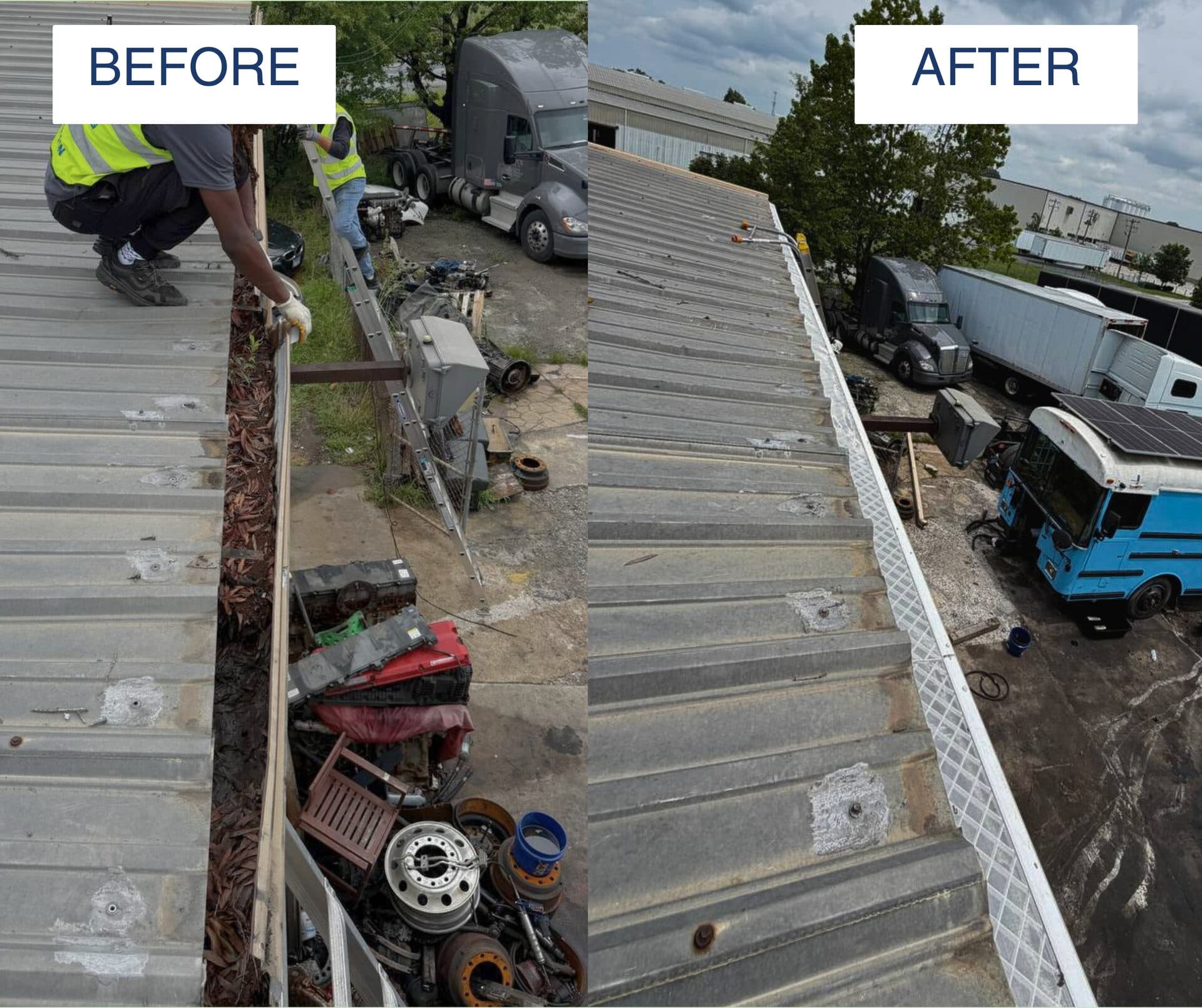 Before and after: clogged gutter cleaned and protected with gutter guards