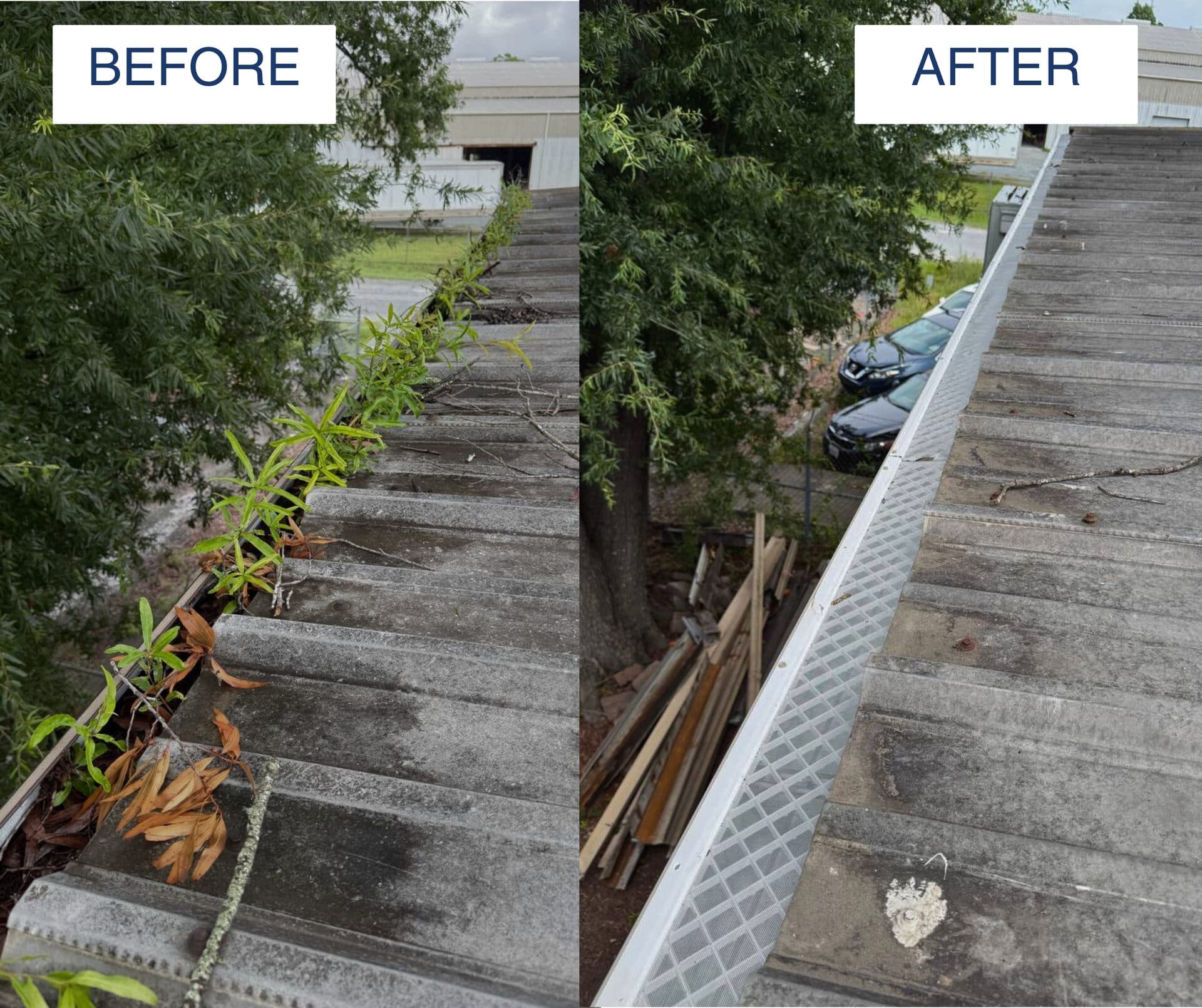 Before and after: overgrown gutter line restored with leaf protection