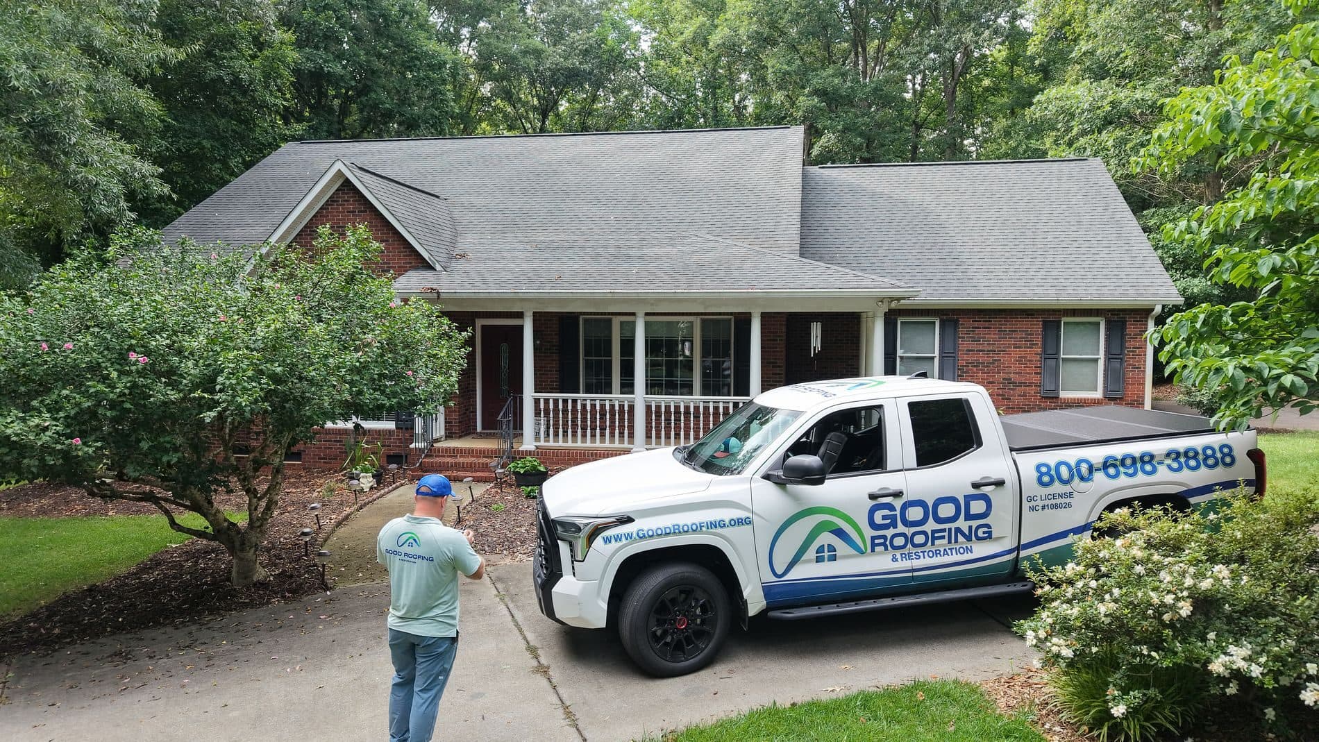 Good Roofing technician launching a drone to document storm damage